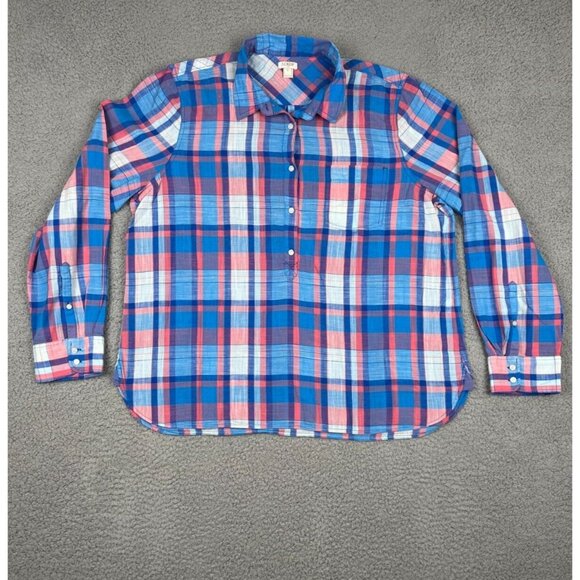 J. Crew Women’s 1/4 Button Down Plaid Top Shirt Red Blue Multicolor XL Cotton - Picture 1 of 10